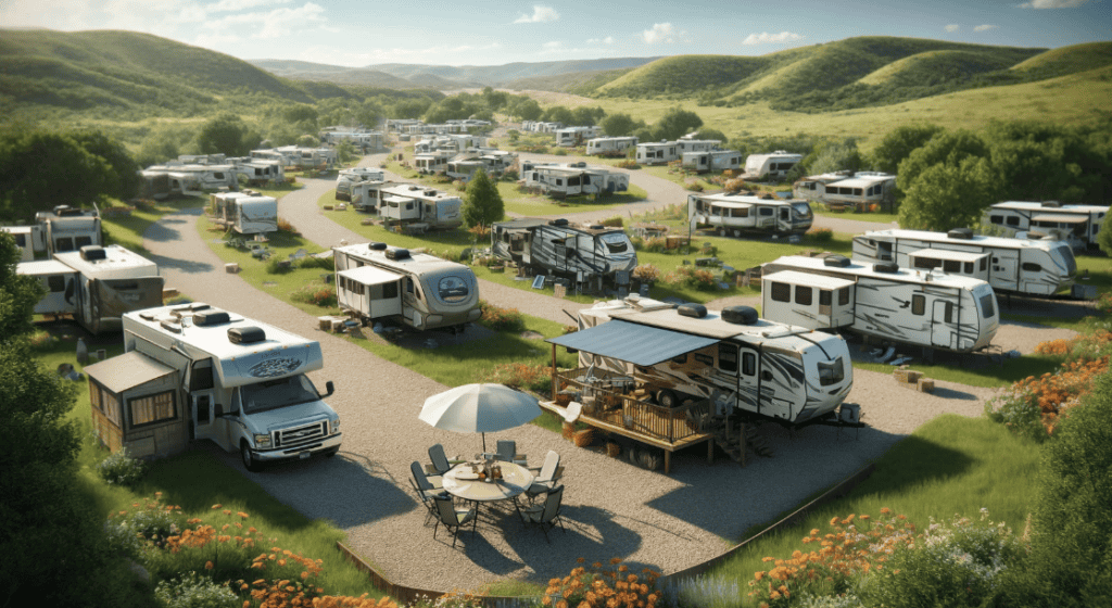 RV living in Texas - large campground in Texas with RV's, grassy area and surrounded by mountains. 